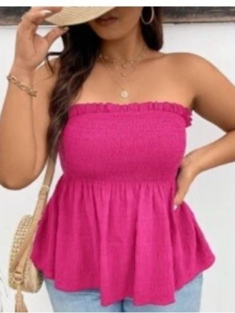 Strapless Smocked Fuchsia Peplum Top - Women